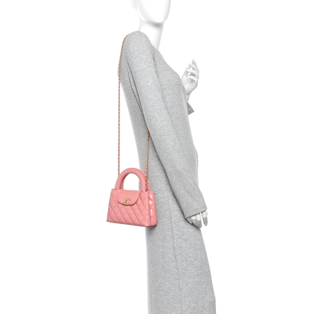 Shiny Aged Calfskin Quilted Nano Kelly Shopper Coral Pink