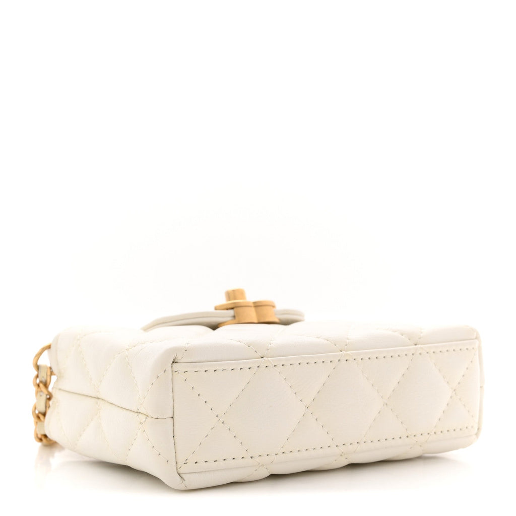 Shiny Aged Calfskin Quilted Mini Nano Kelly Shopper Beige White
