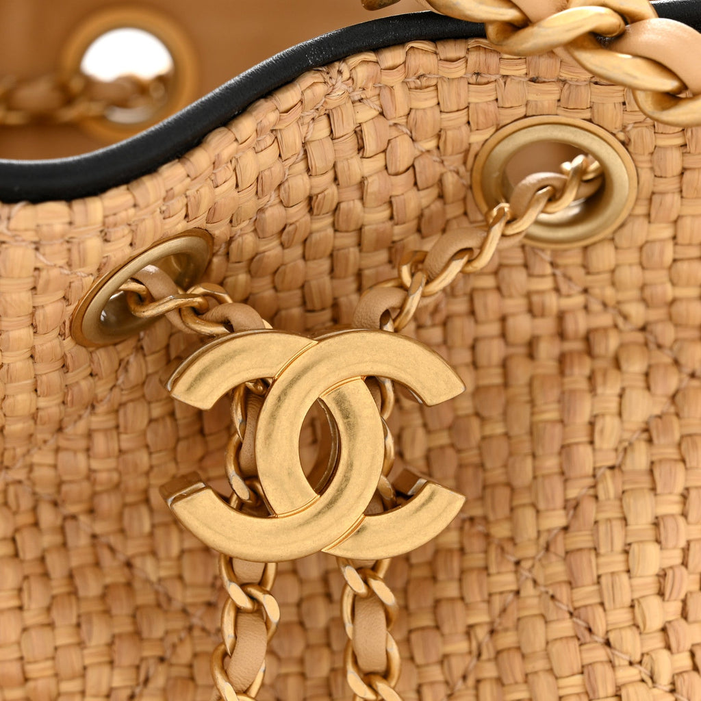 Braided Raffia Calfskin Quilted Mini Chanel 25 Handbag Beige Black