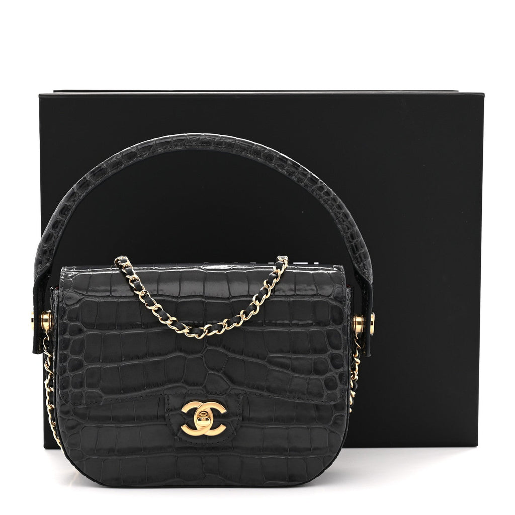 Calfskin Crocodile Embossed Turn Around Mini Flap Grey