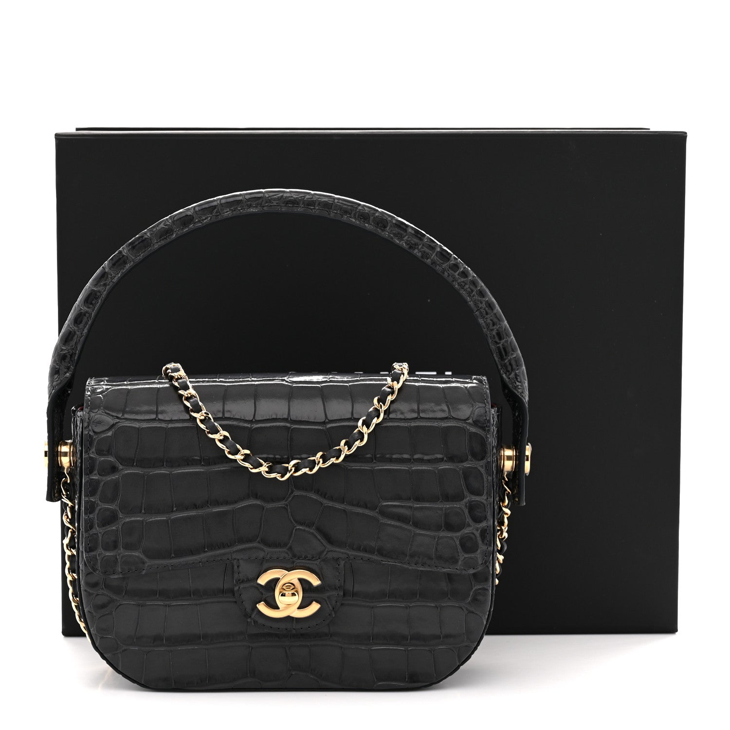 Calfskin Crocodile Embossed Turn Around Mini Flap Dark Grey
