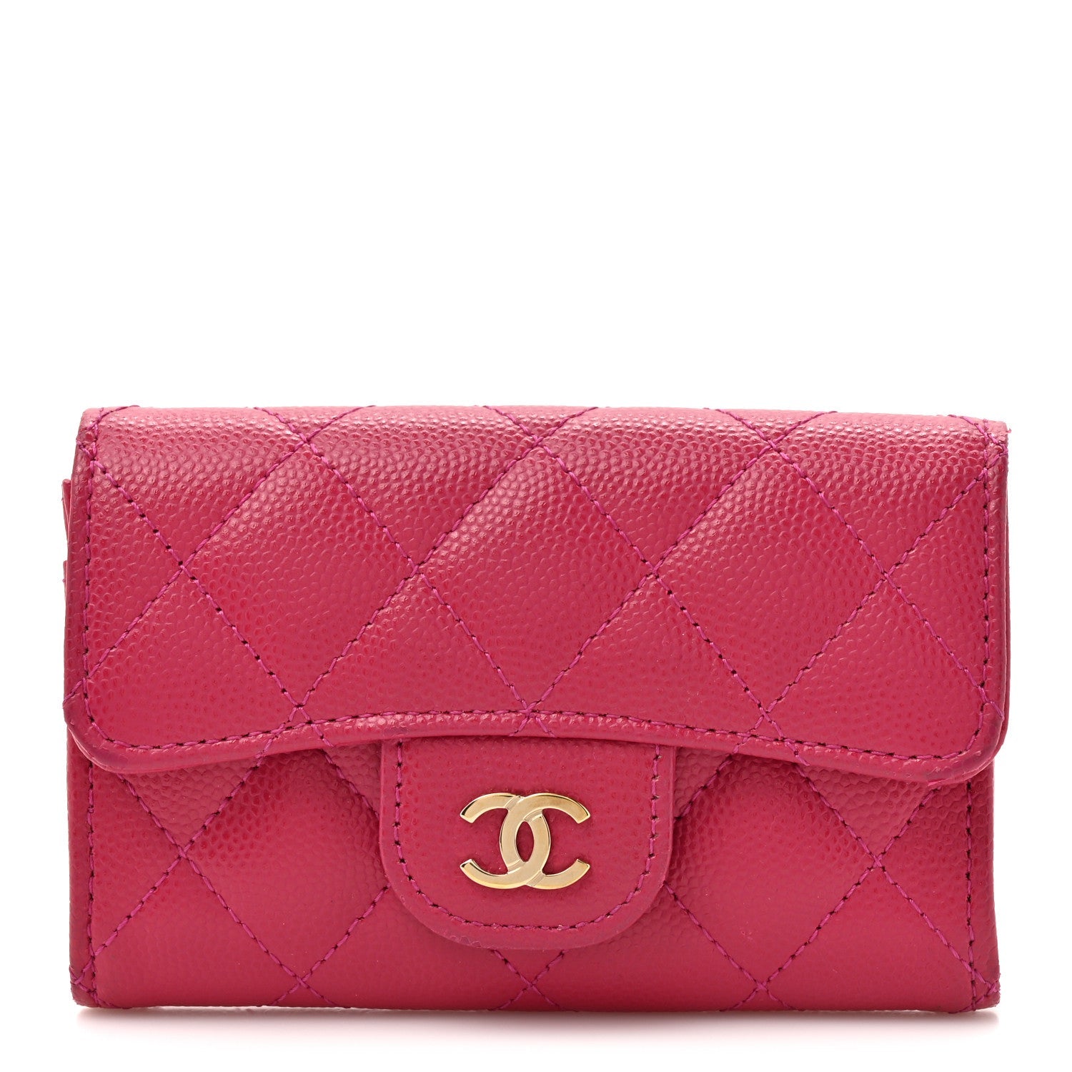 Caviar Quilted Flap Card Holder Wallet Pink