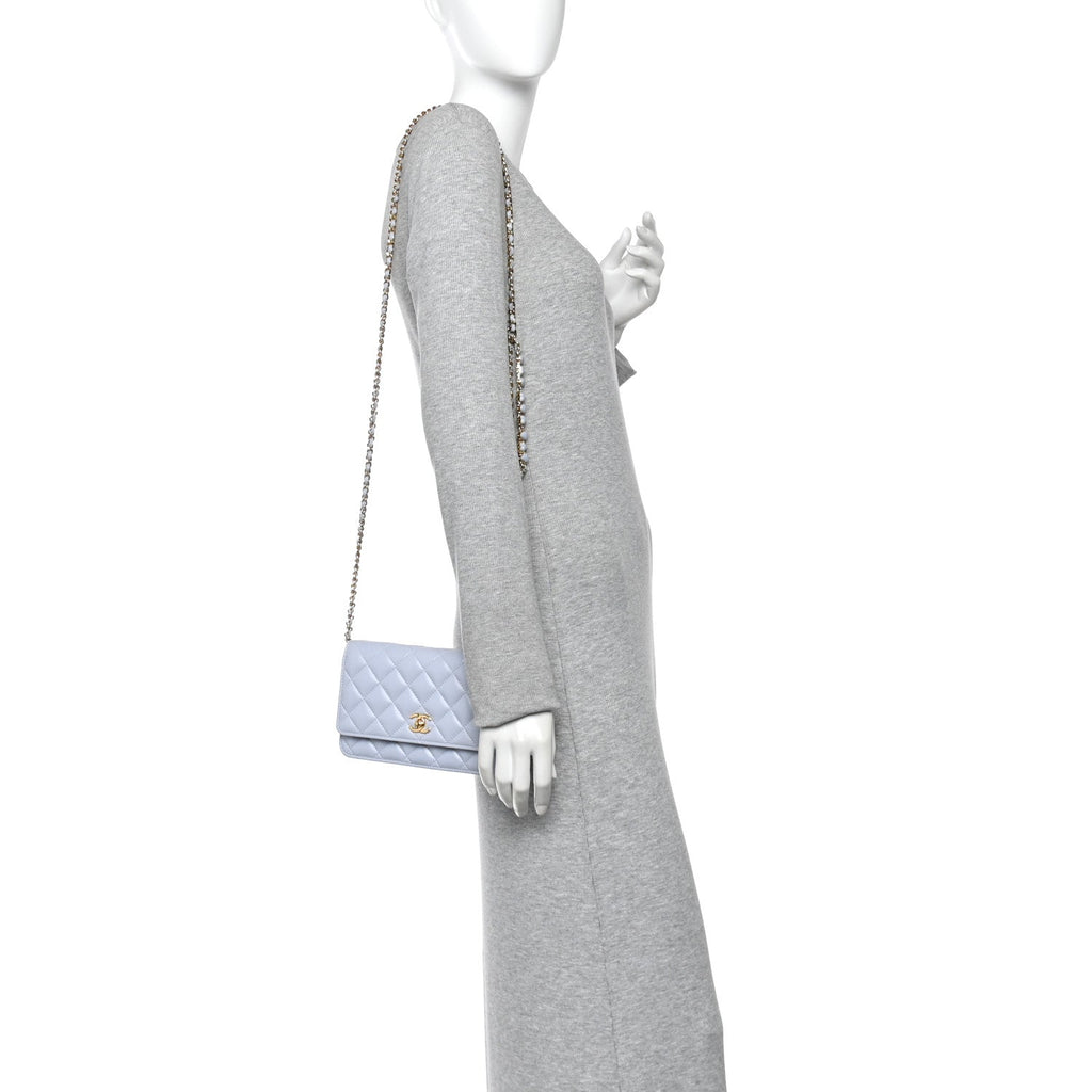 Lambskin Quilted Hearts CC Wallet On Chain WOC Light Blue