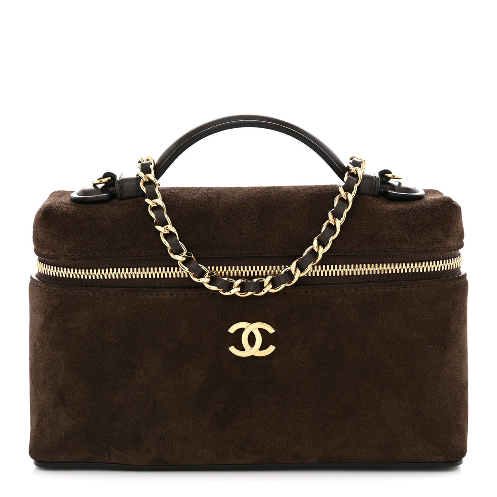 Suede Calfskin Top Handle Trapeze Small Vanity Case With Chain Dark Brown