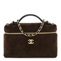 Suede Calfskin Top Handle Trapeze Small Vanity Case With Chain Dark Brown