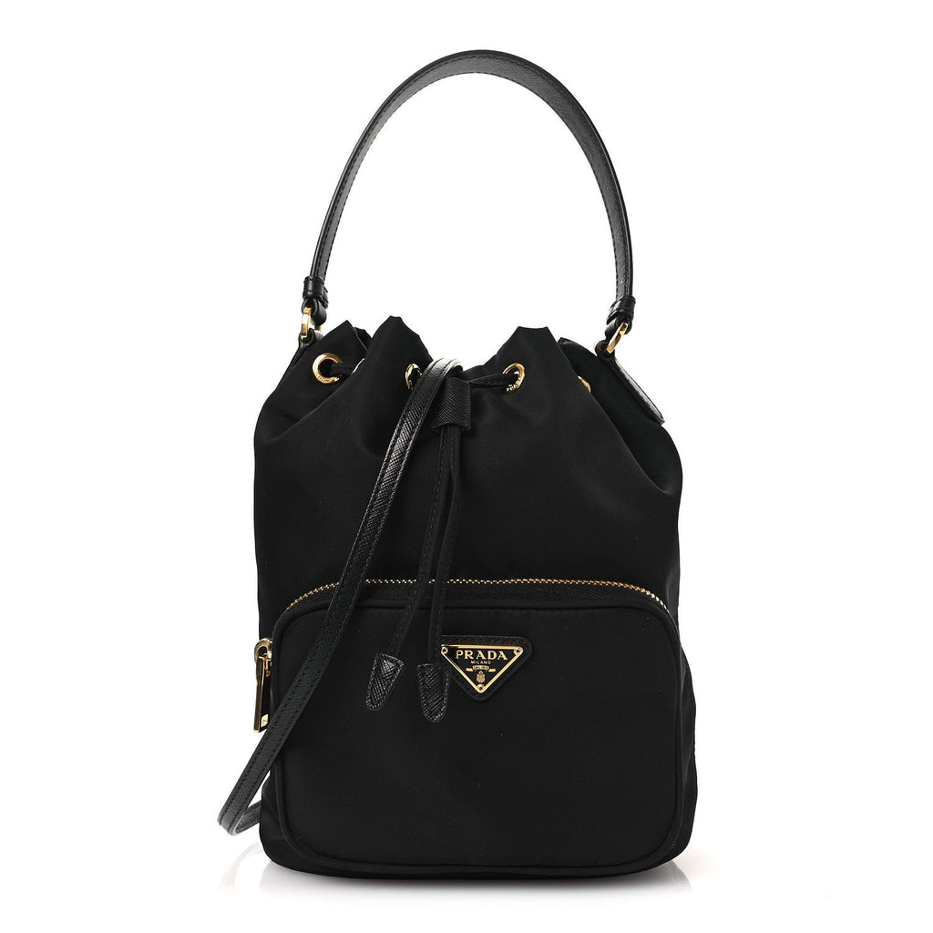 Nylon Vela Saffiano Mini Bucket Crossbody Bag Black