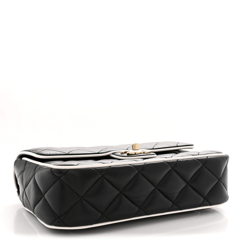 Lambskin Quilted Resin Graphic Frame Flap Bag Black White