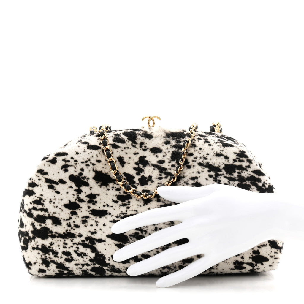 Lambskin Pony Hair Printed Clutch With Chain Black White