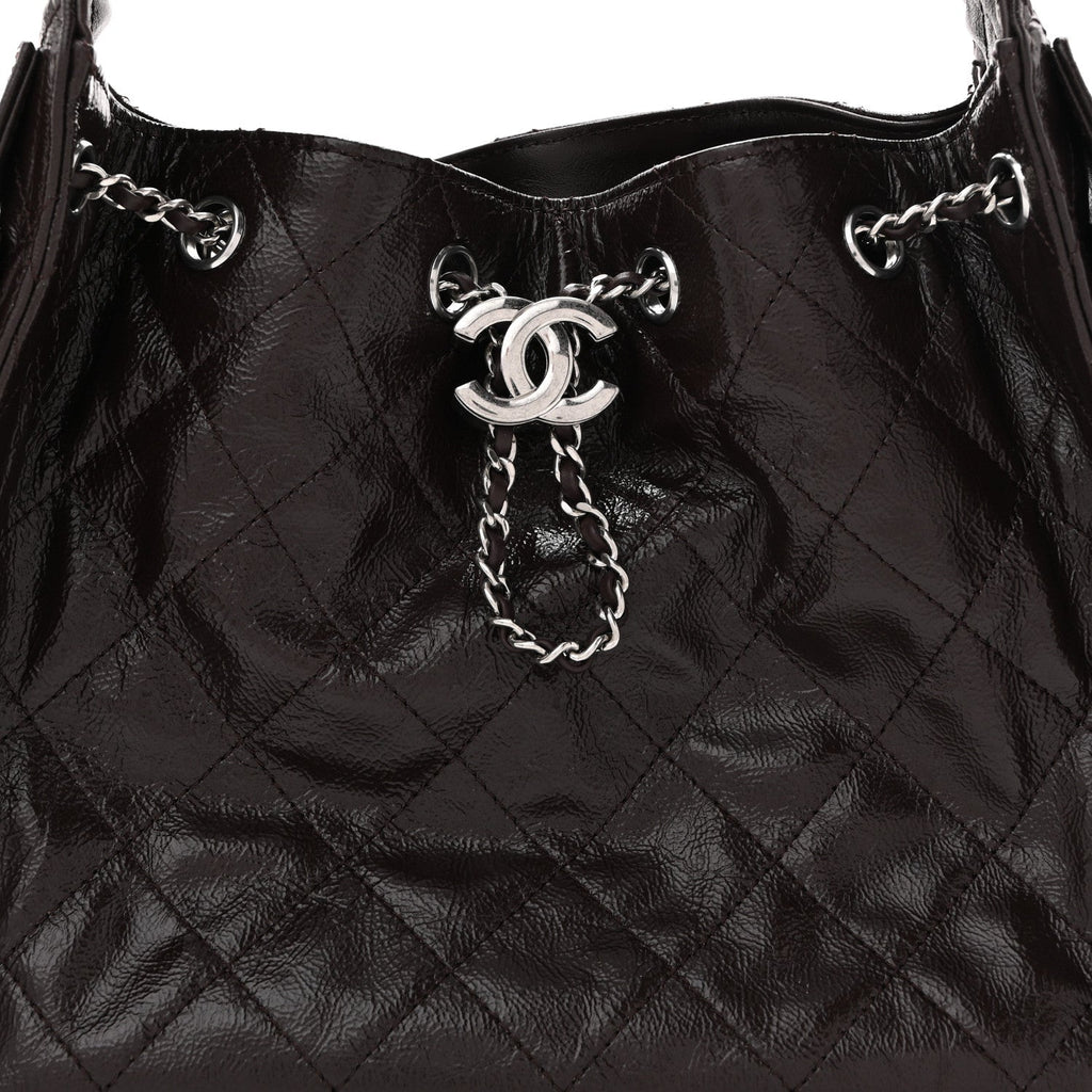 Shiny Crumpled Calfskin Quilted Small Chanel 25 Handbag Dark Brown