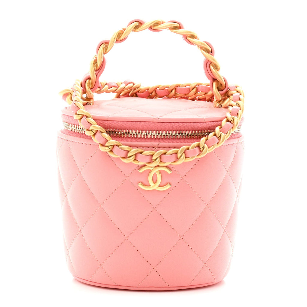 Lambskin Quilted Afternoon Tea Top Handle Vanity Case With Chain  Light Pink