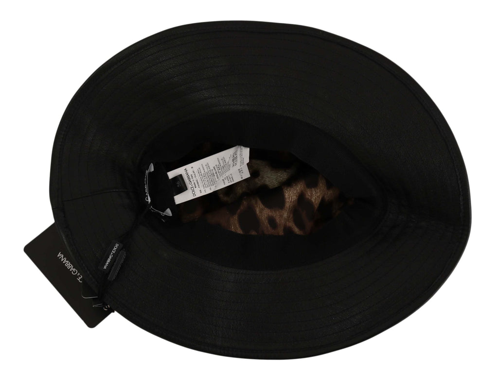 Dolce & Gabbana Black Leather DG Coin Crystal Wide Brim Women's Hat