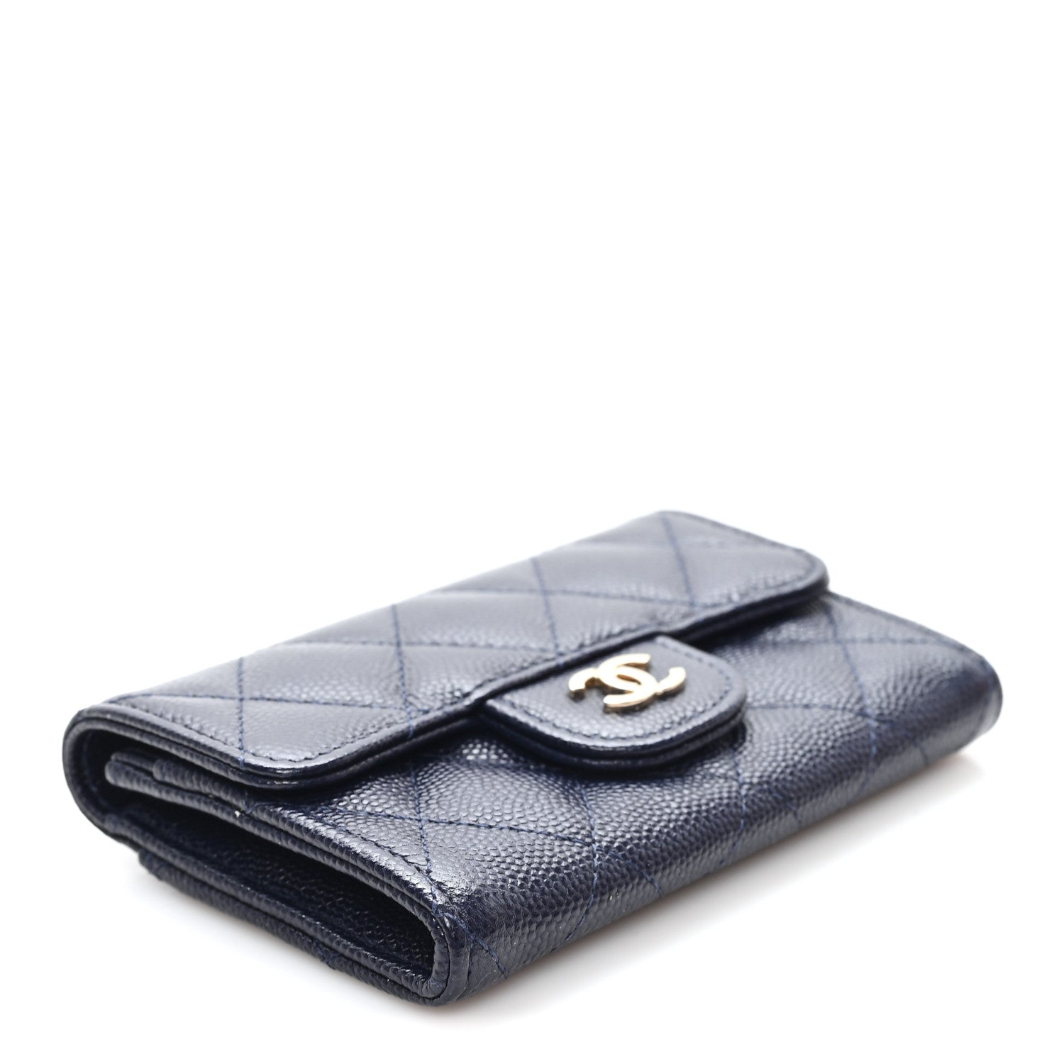 Caviar Quilted Flap Card Holder Navy Blue