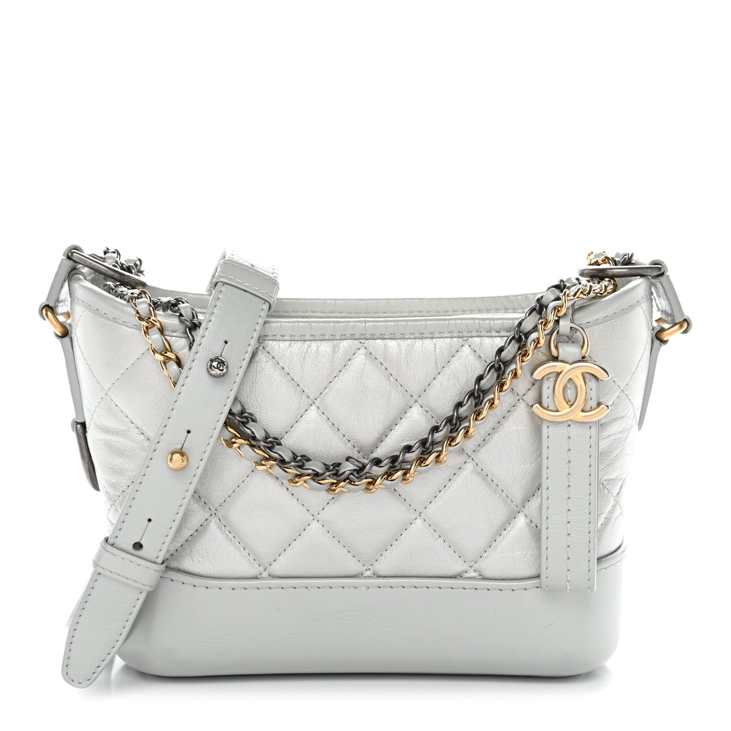 Metallic Aged Calfskin Quilted Small Gabrielle Hobo Silver
