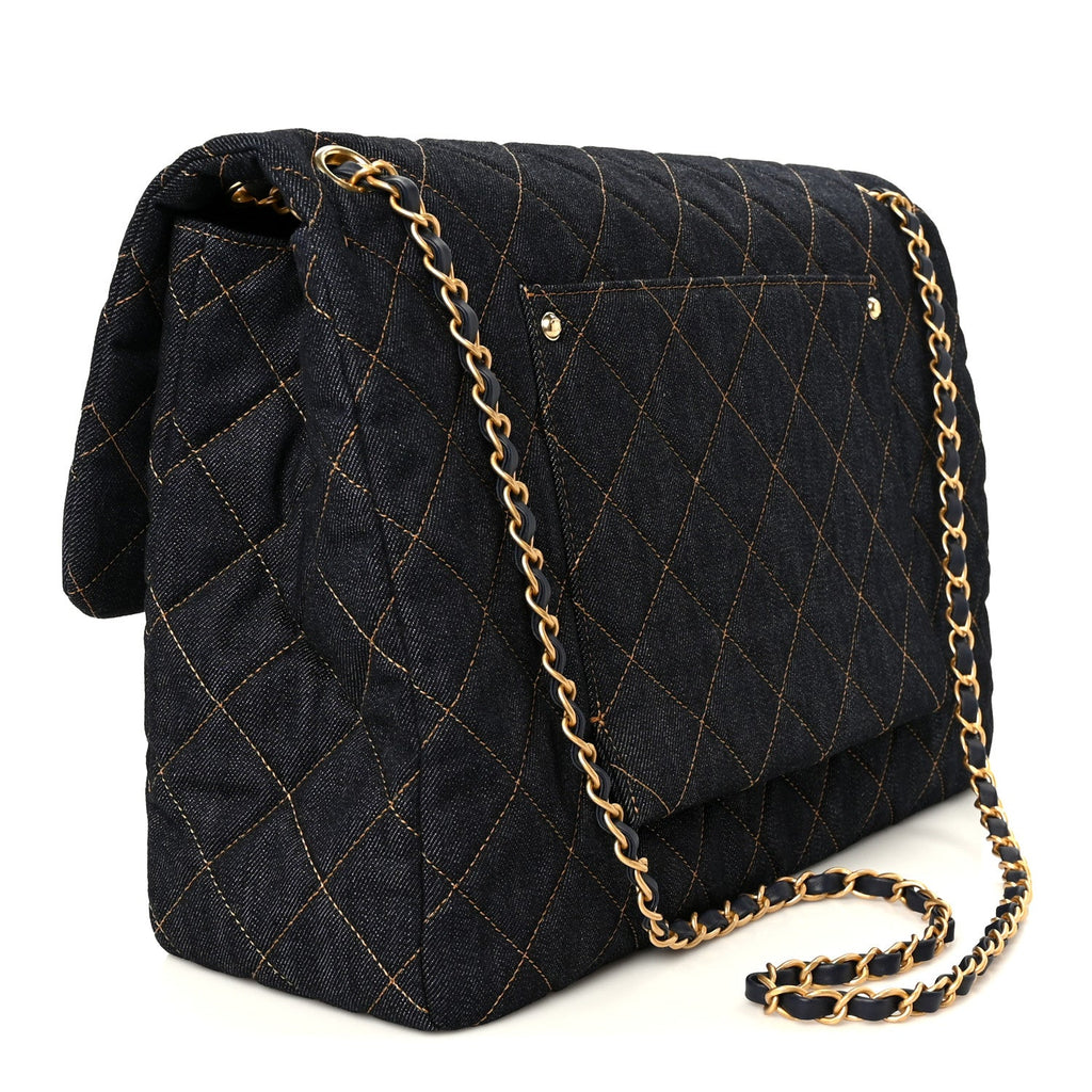 Denim Quilted XXL Travel Flap Bag Dark Blue Orange