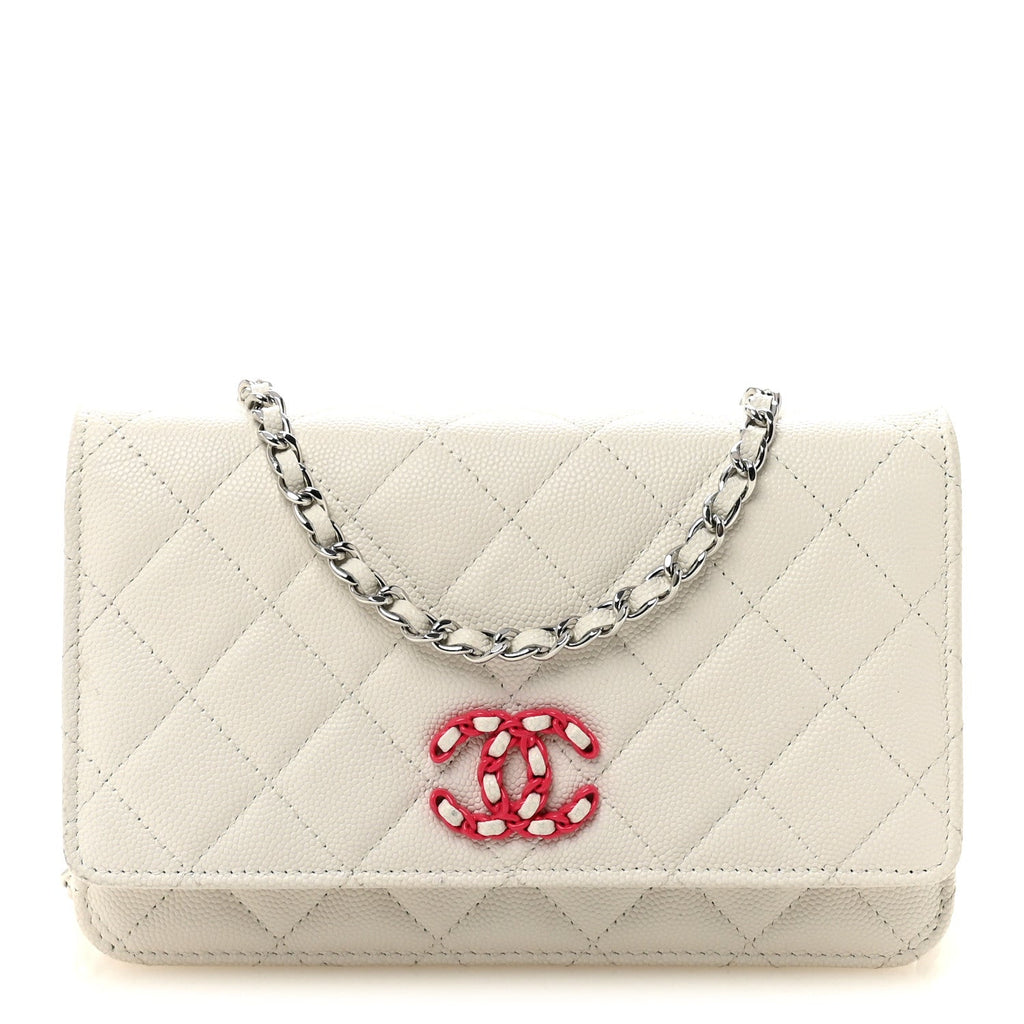 Caviar Quilted Chanel 19 Wallet On Chain WOC White Pink