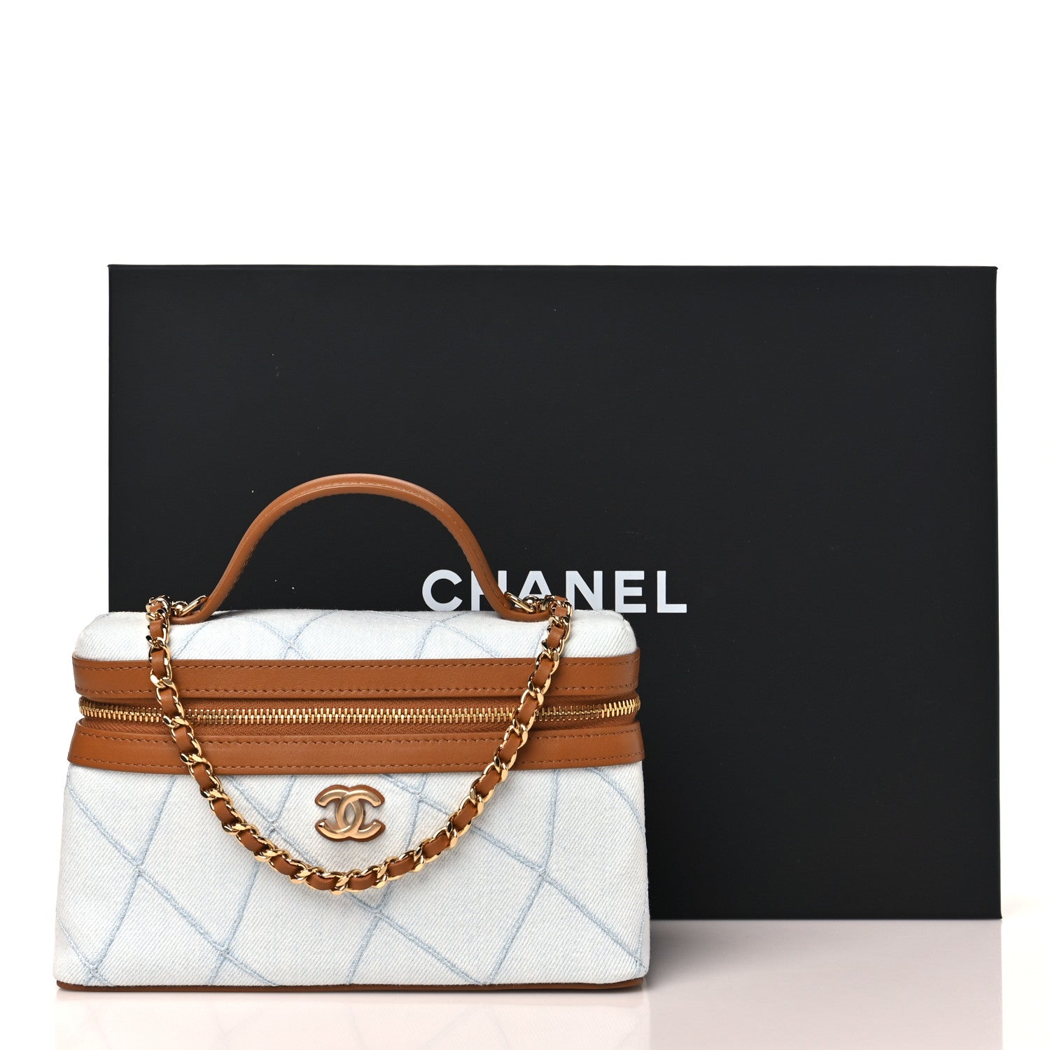 Washed Denim Calfskin Quilted Top Handle Slim Vanity Case With Chain Blue Brown Blue Brown
