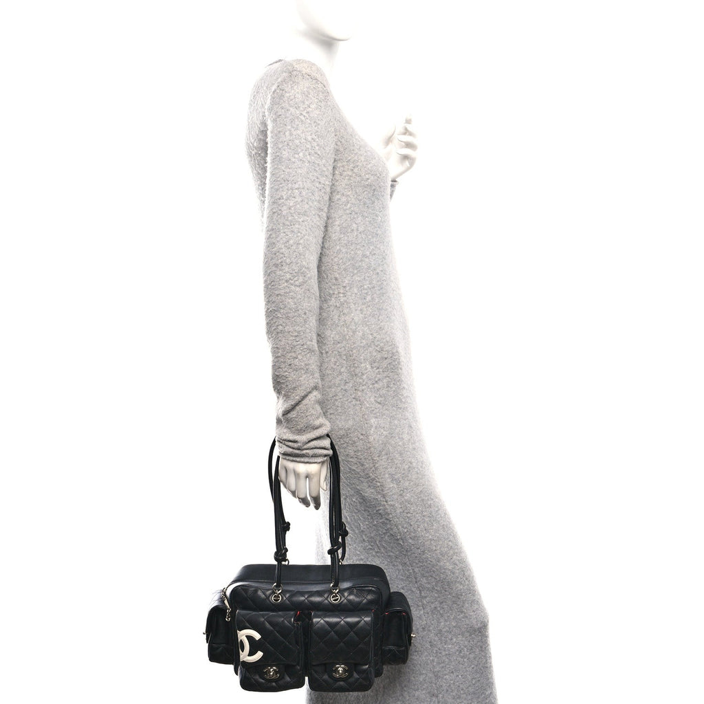 Calfskin Quilted Small Cambon Multipocket Reporter Black White
