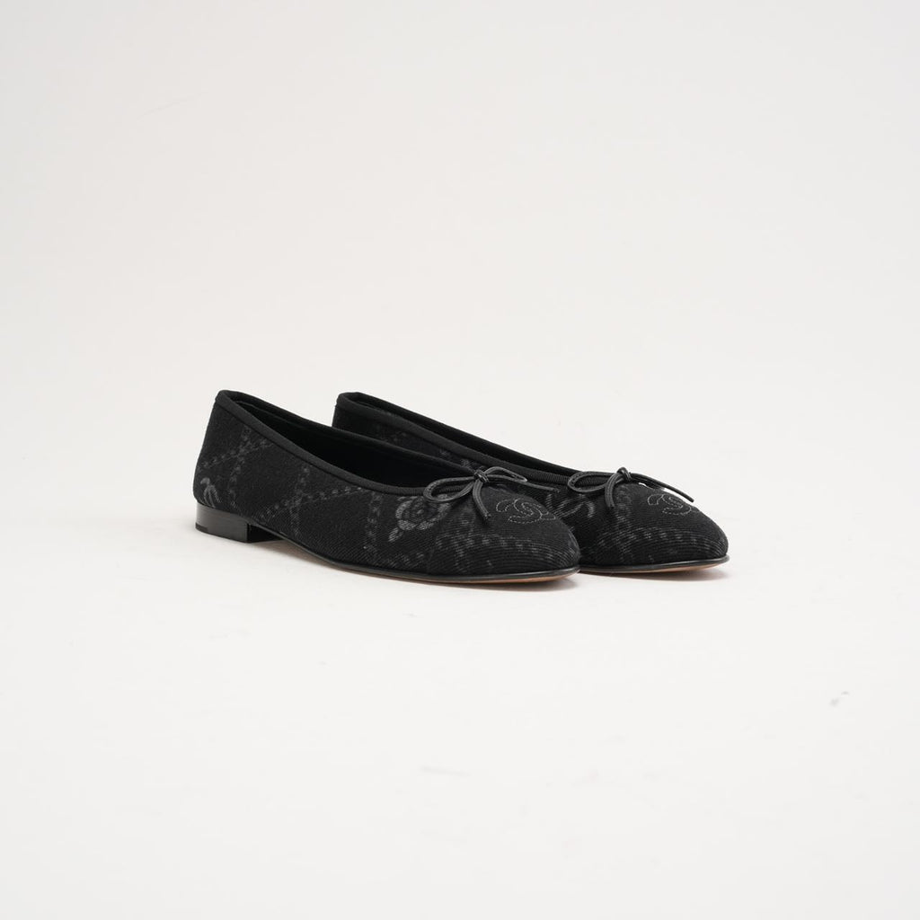 Chanel Black Printed Denim CC Cap Toe Ballet Flats 37.5