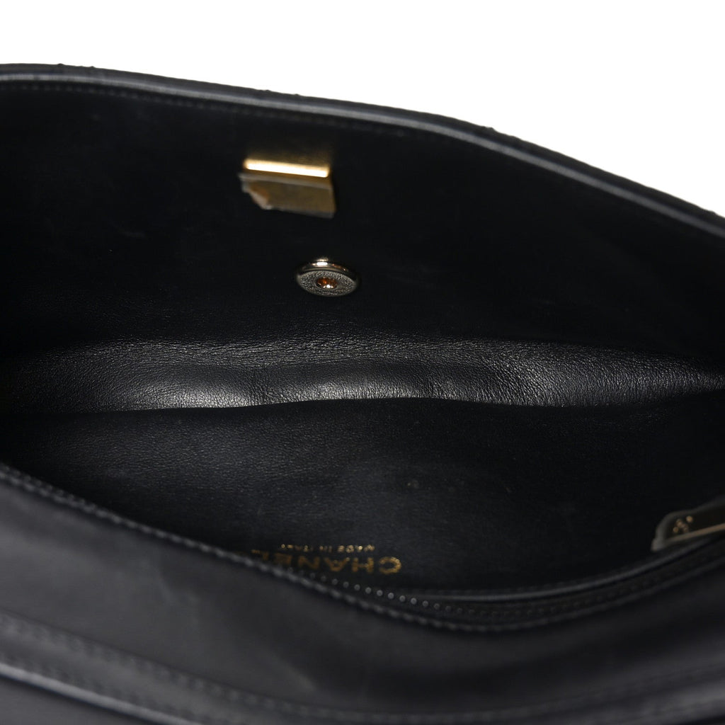 Satin Quilted Pearl CC Flap Clutch Black