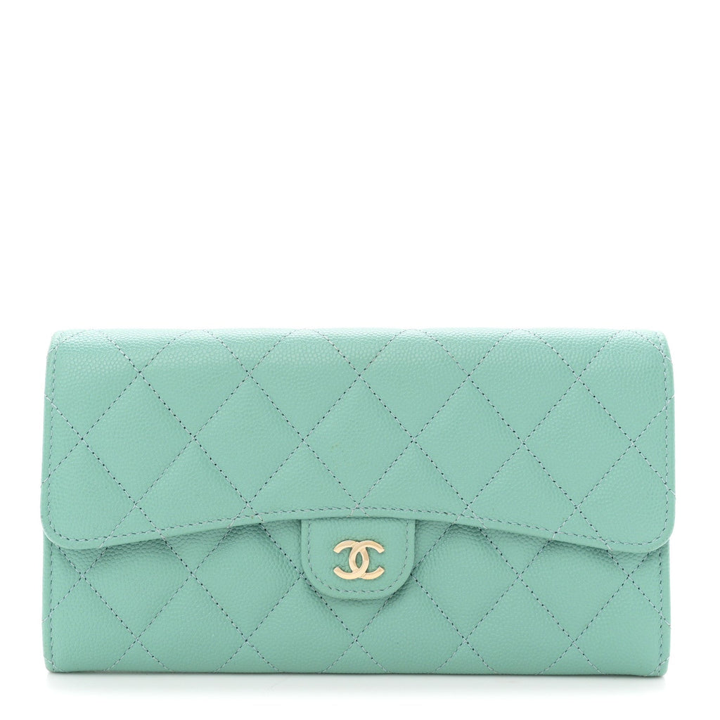 Caviar Quilted Large Gusset Flap Wallet Light Green
