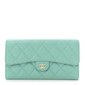 Caviar Quilted Large Gusset Flap Wallet Light Green