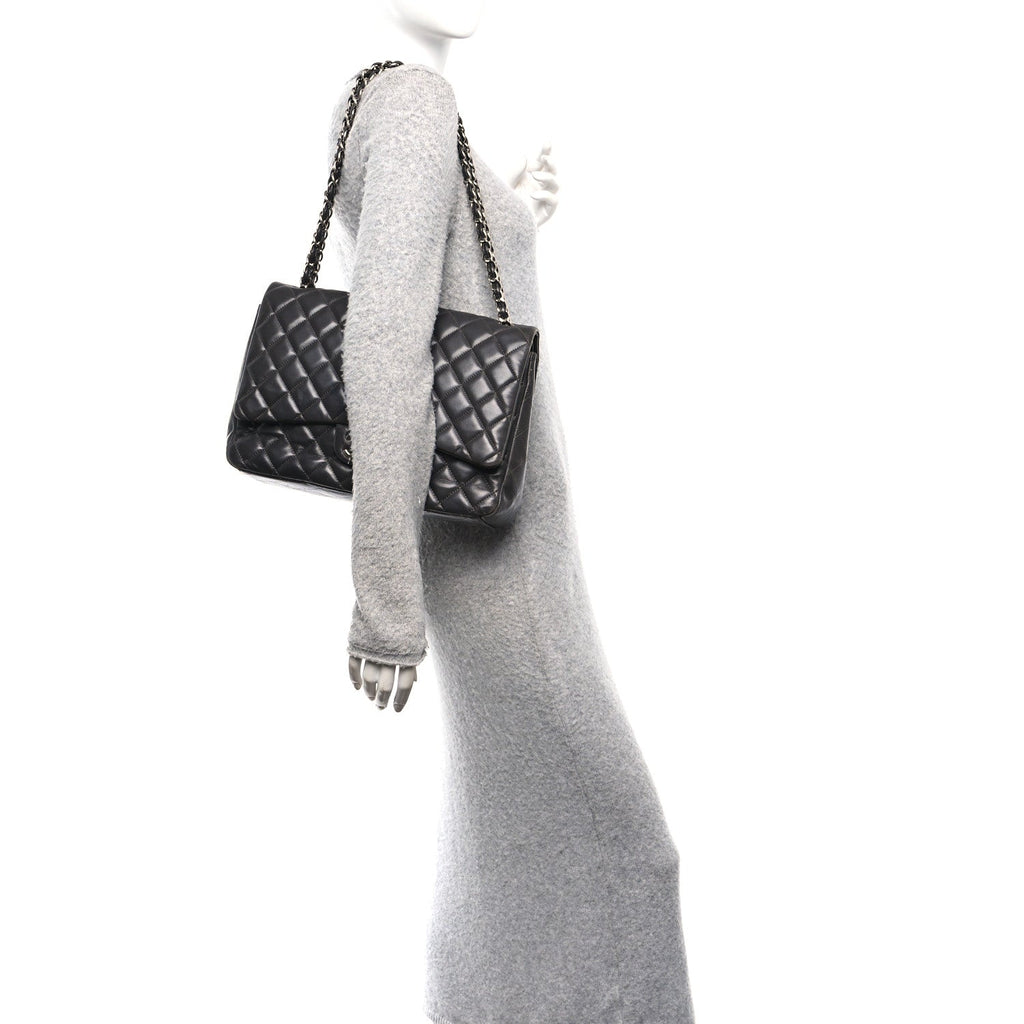 Lambskin Quilted Maxi Double Flap Dark Grey