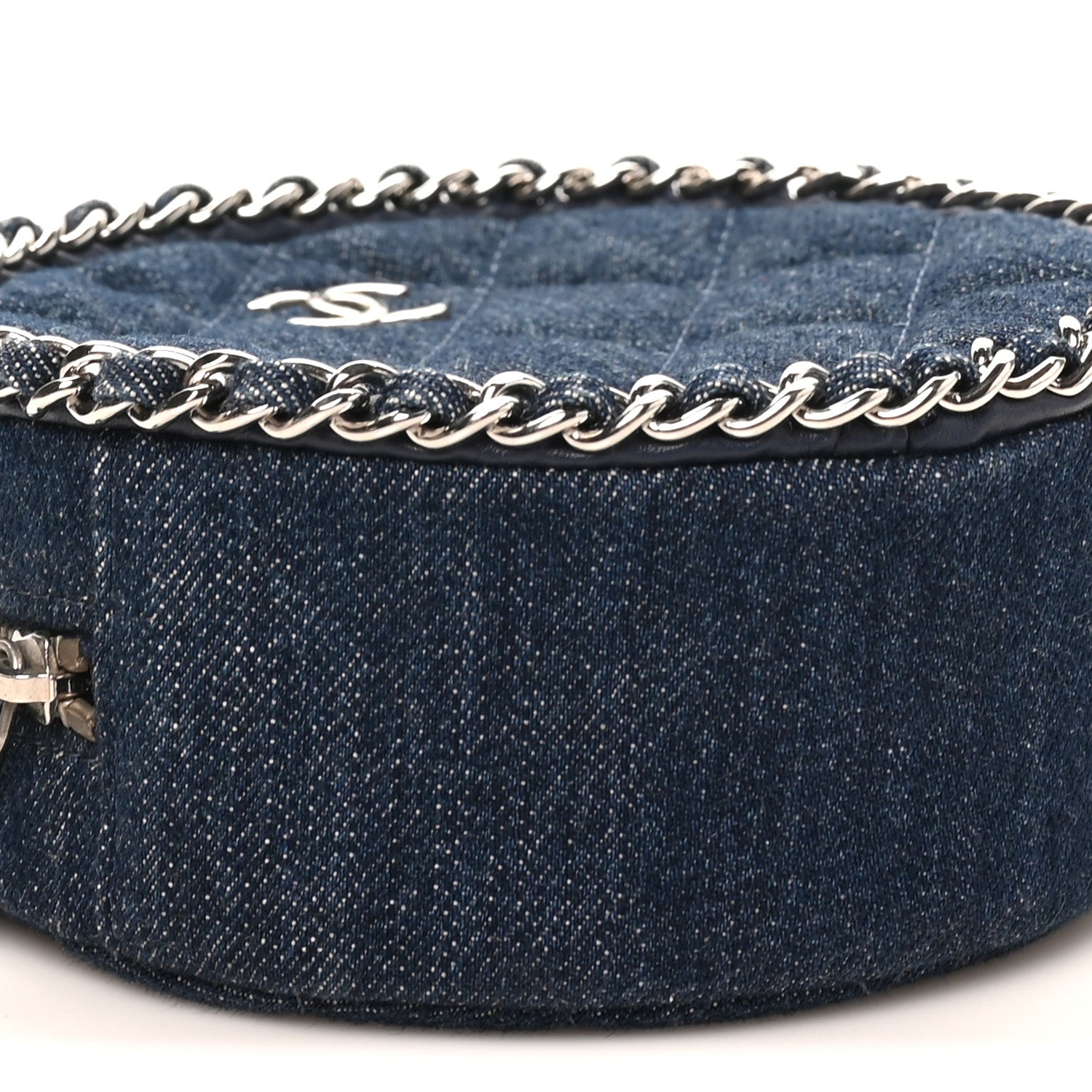 Denim Quilted Round Clutch With Chain Blue