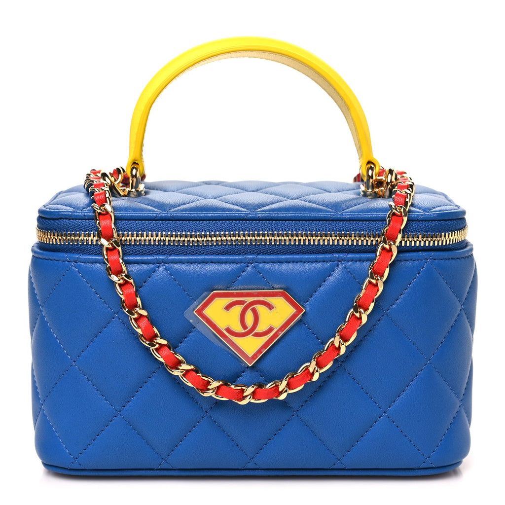 Lambskin Quilted Superman Top Handle Vanity  Blue Red Yellow