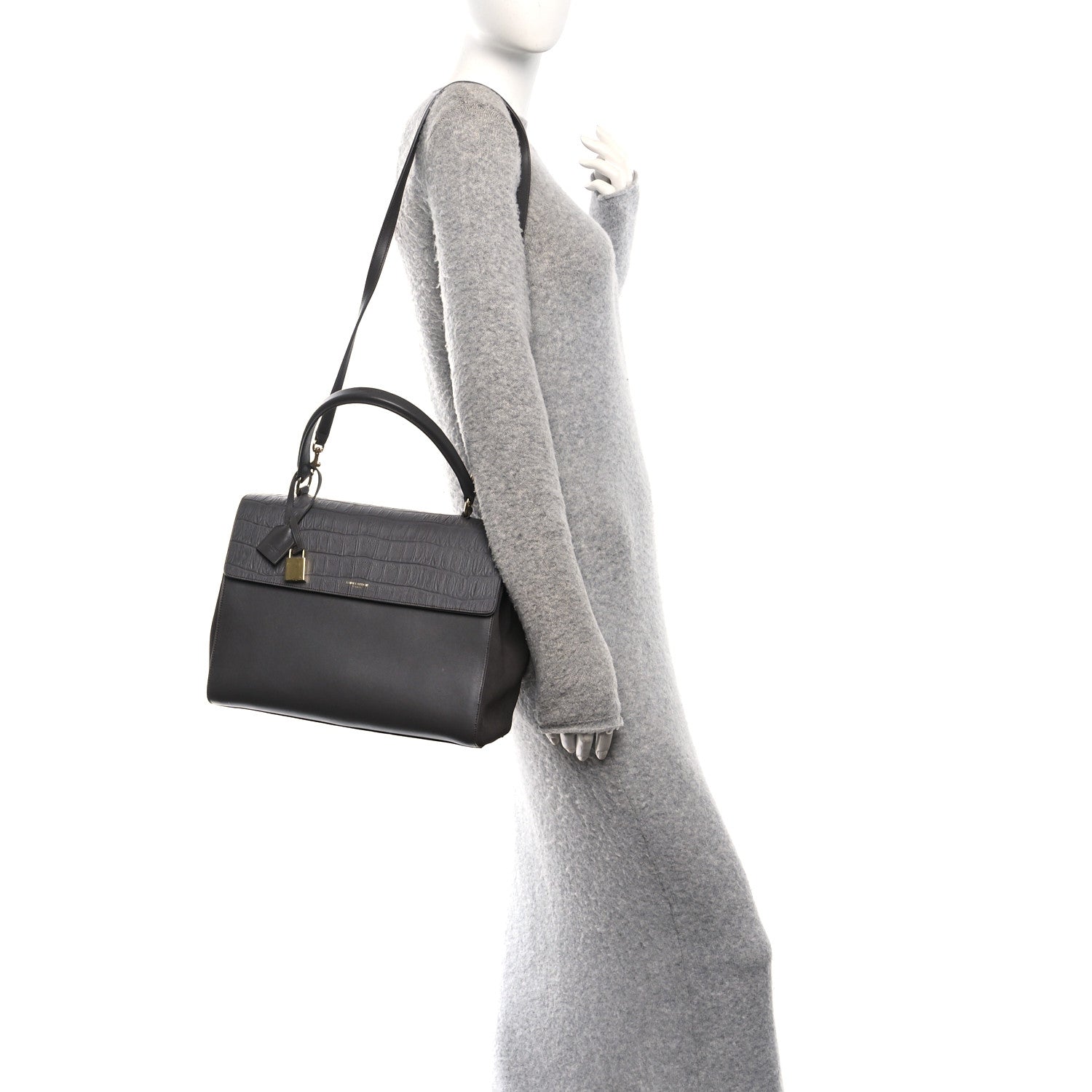 Calfskin Crocodile Embossed Medium Moujik Top Handle Bag Fog