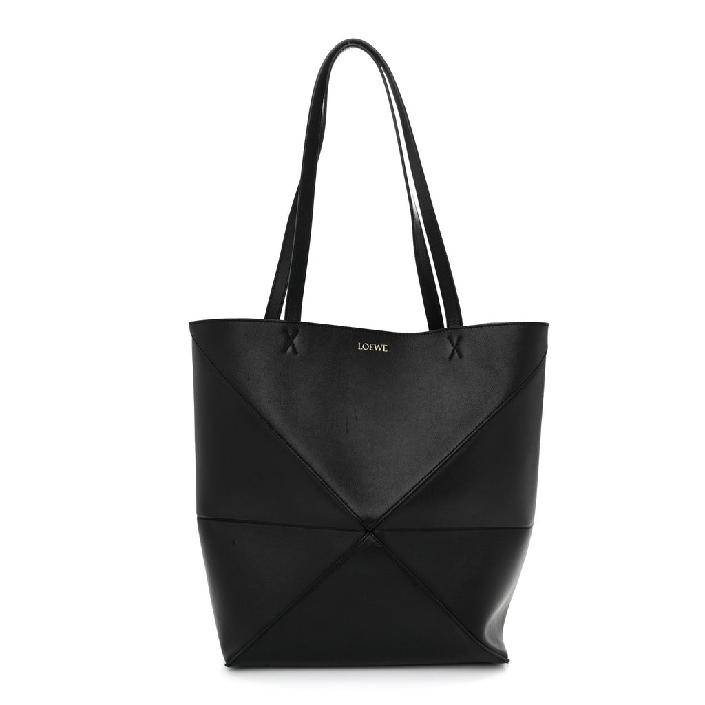Shiny Calfskin Medium Puzzle Fold Tote Black