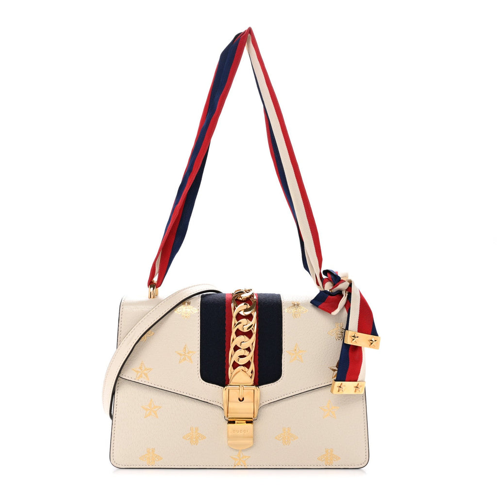 Textured Calfskin Bee Star Print Small Sylvie Shoulder Bag Mystic White