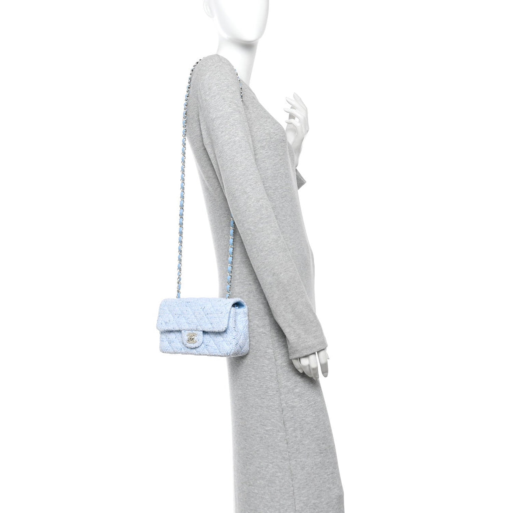 Tweed Quilted Mini Rectangular Flap Blue White Silver