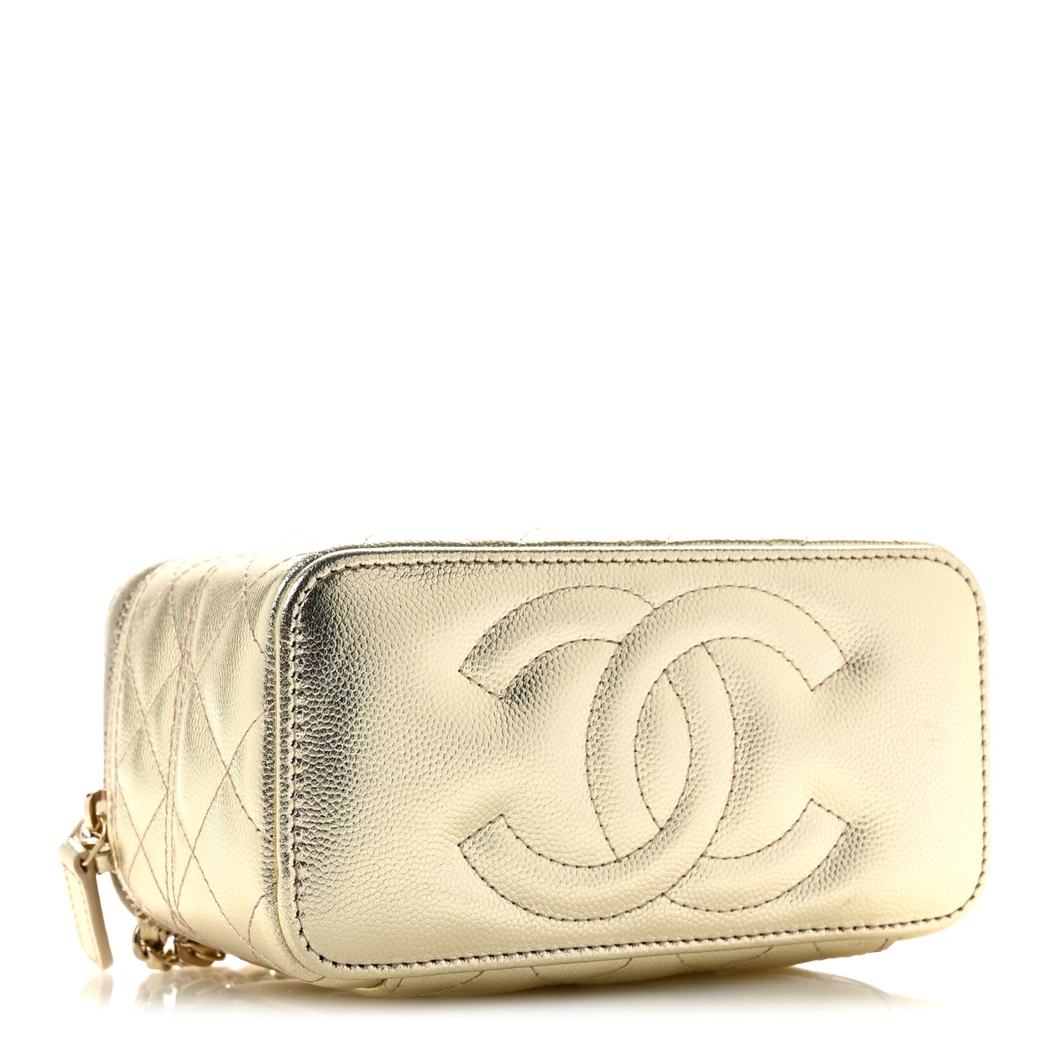Metallic Caviar Quilted Trendy Handle Slim Vanity Gold