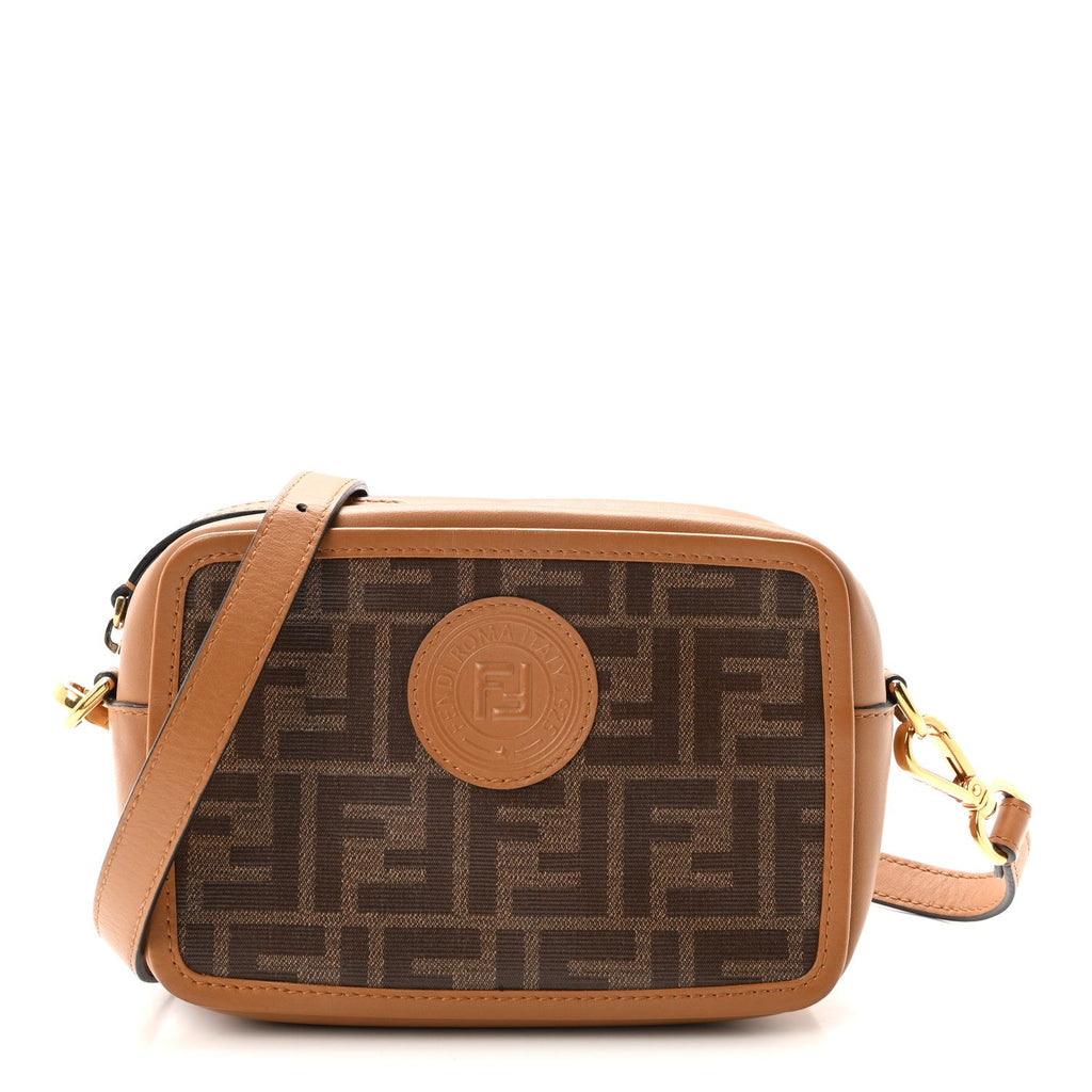 Glazed Fabric Vitello Century FF 1974 Stamp Patch Mini Camera Case Mogano Panna Caramello