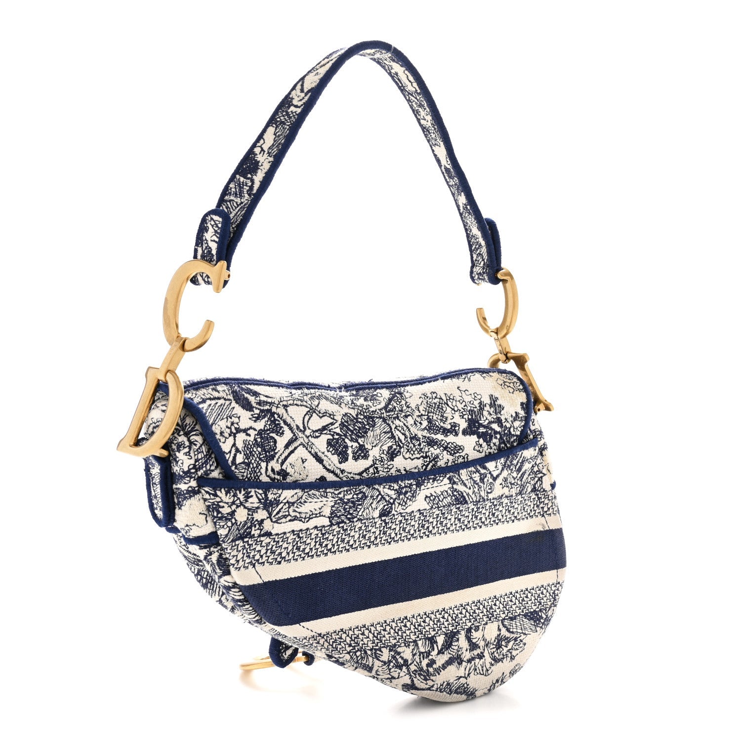 Canvas Embroidered Toile de Jouy Saddle Bag Blue