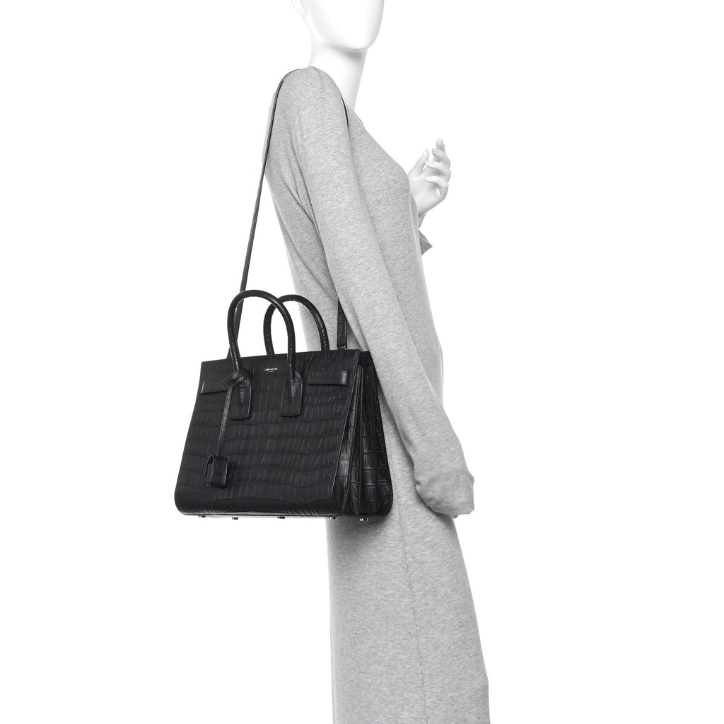 Calfskin Crocodile Embossed Small Sac de Jour Black