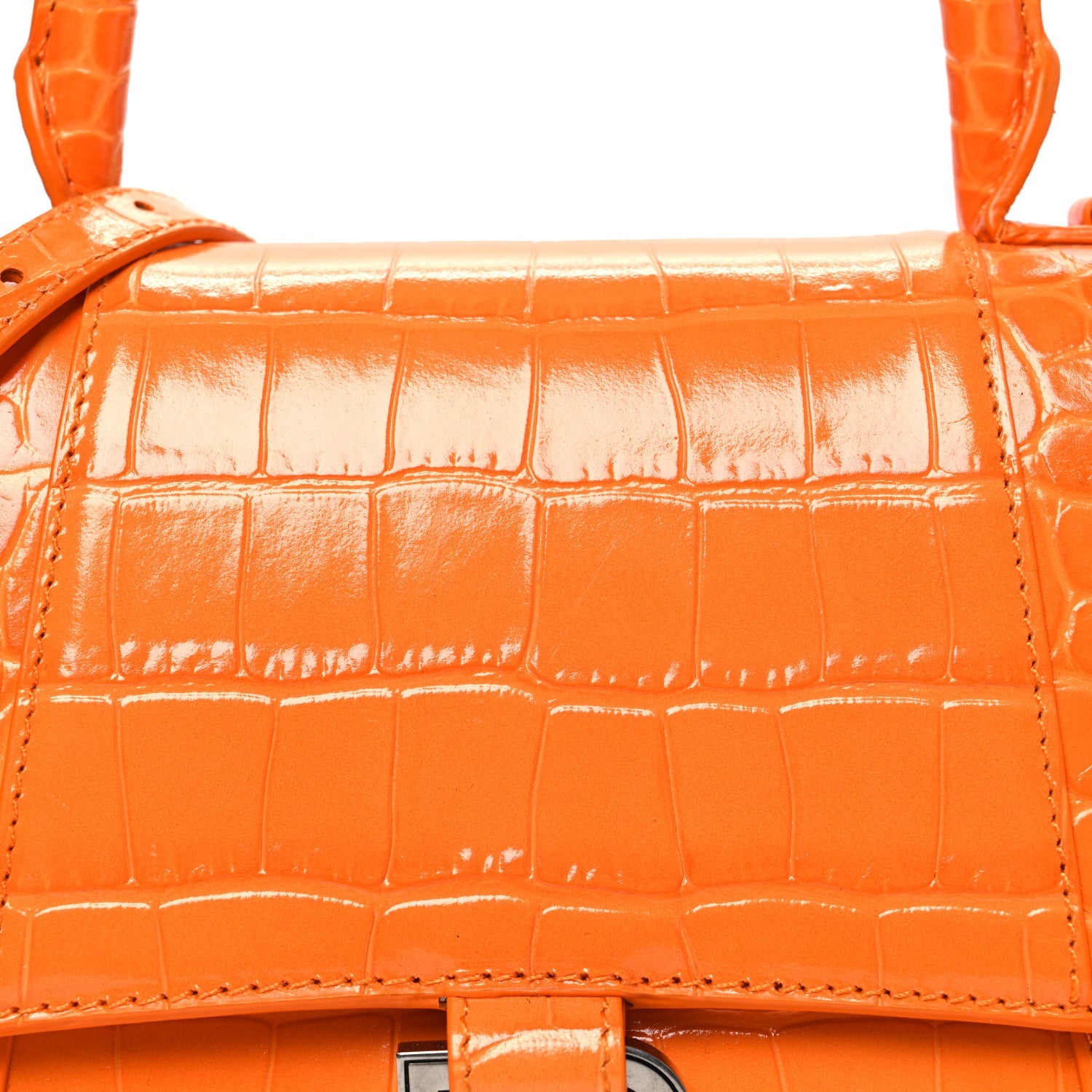 Shiny Calfskin Crocodile Embossed Small Hourglass Top Handle Bag Pop Orange