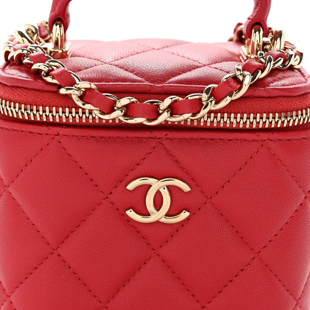 Lambskin Quilted Mini Top Handle Vanity Case With Chain Red