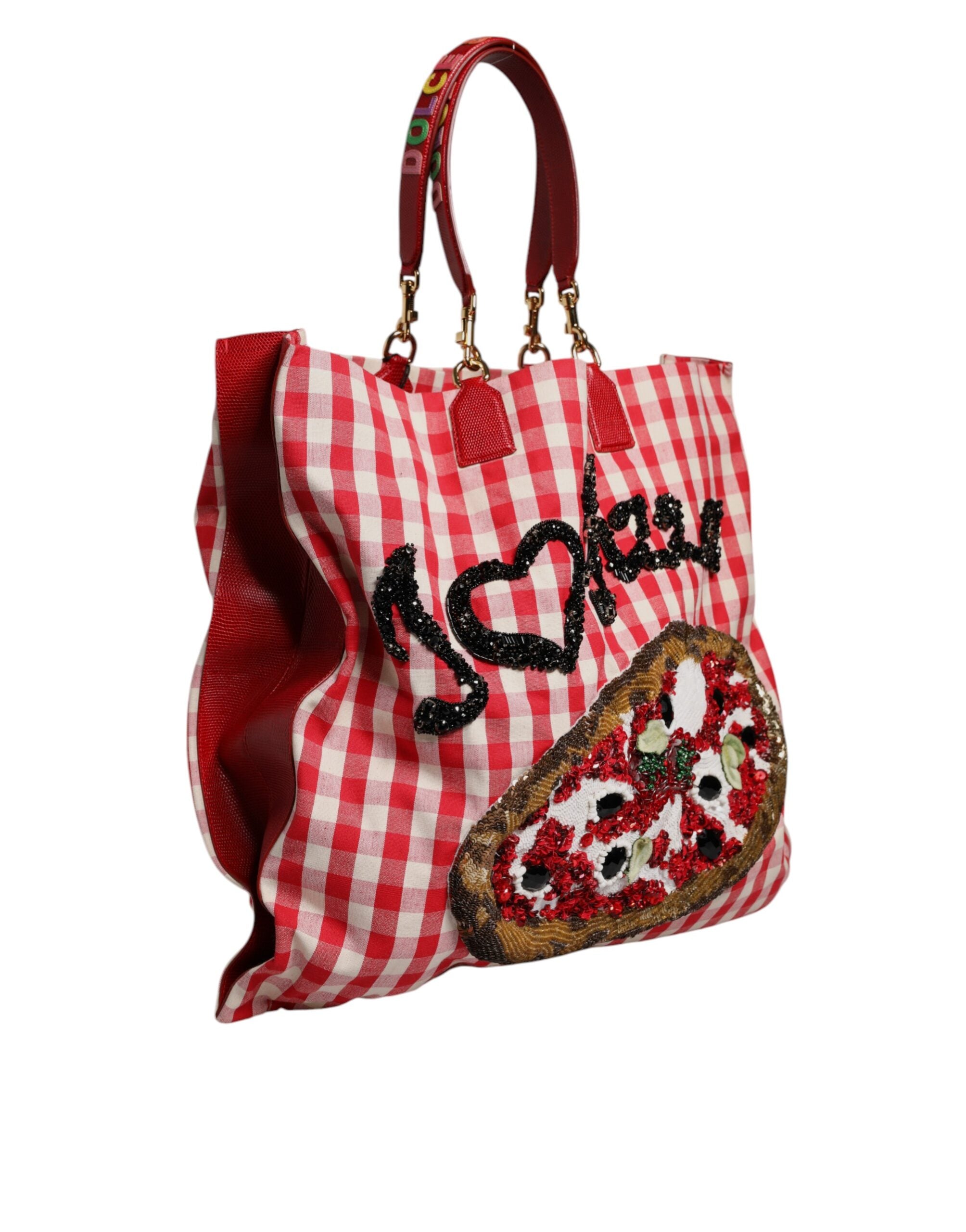 Dolce & Gabbana Red I Love Pizza Rhinestone Embellished Tote Women's Bag ( )