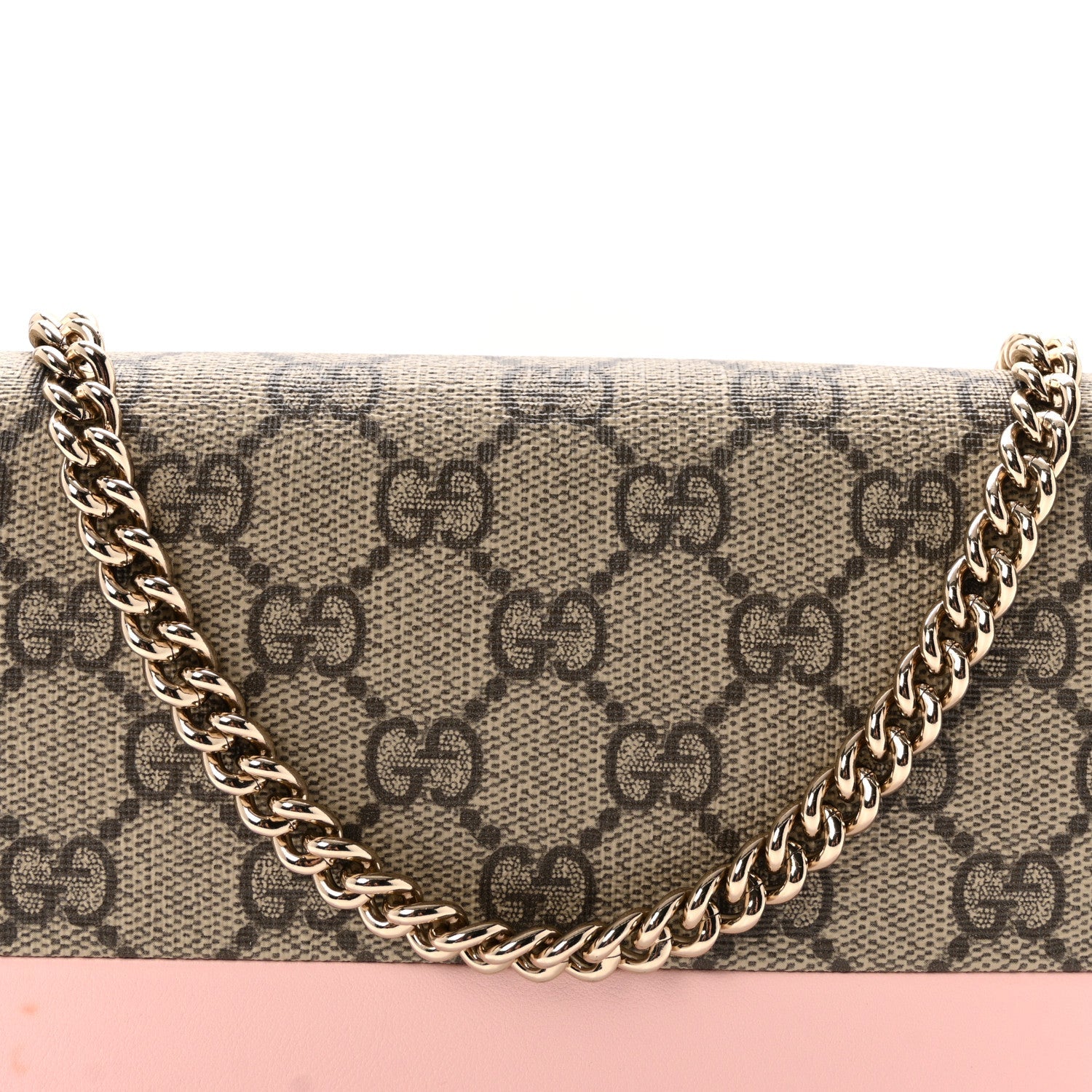 GG Supreme Monogram Textured Dollar Calfskin Mini GG Marmont Chain Wallet Light Pink Blue Beige