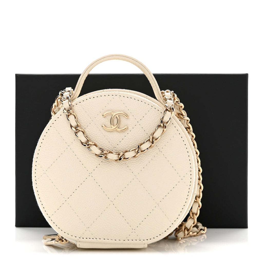 Caviar Quilted Round Handle With Care Vanity With Chain White