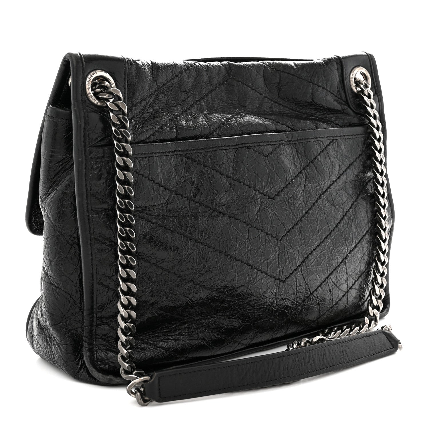 Crinkled Calfskin Matelasse Monogram Medium Niki Chain Satchel Black
