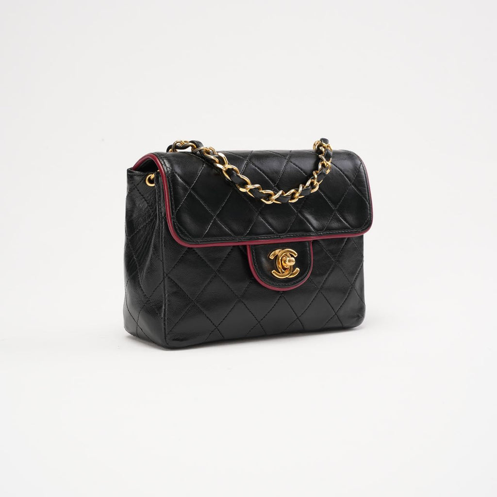 Chanel Vintage Mini Square Flap Bag Lamb Black Red 1991