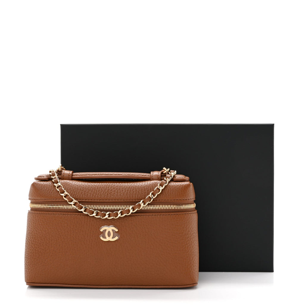 Grained Calfskin Top Handle Slim Vanity Case With Chain Camel Camel