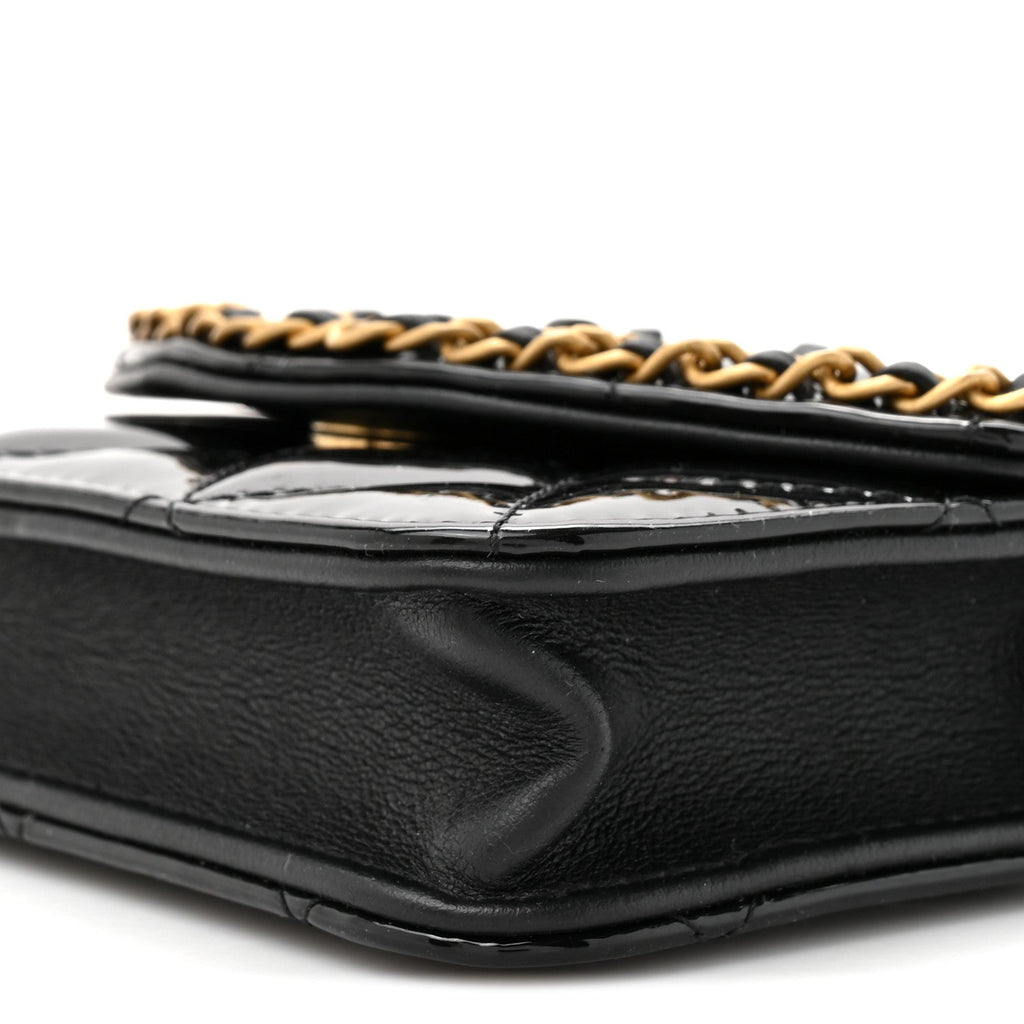 Patent Quilted Chain Around Heart Mini Chain Flap Black