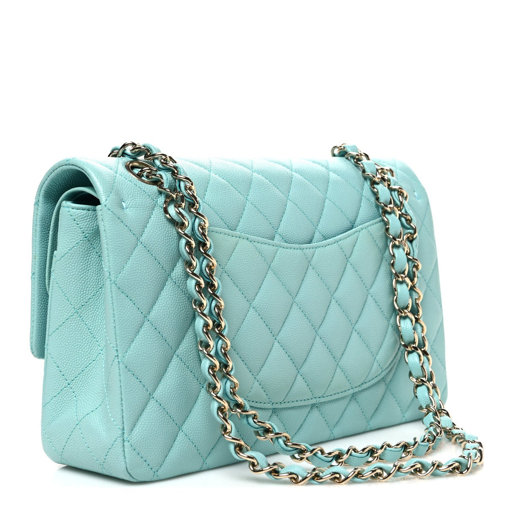 Caviar Quilted Medium Double Flap Light Blue
