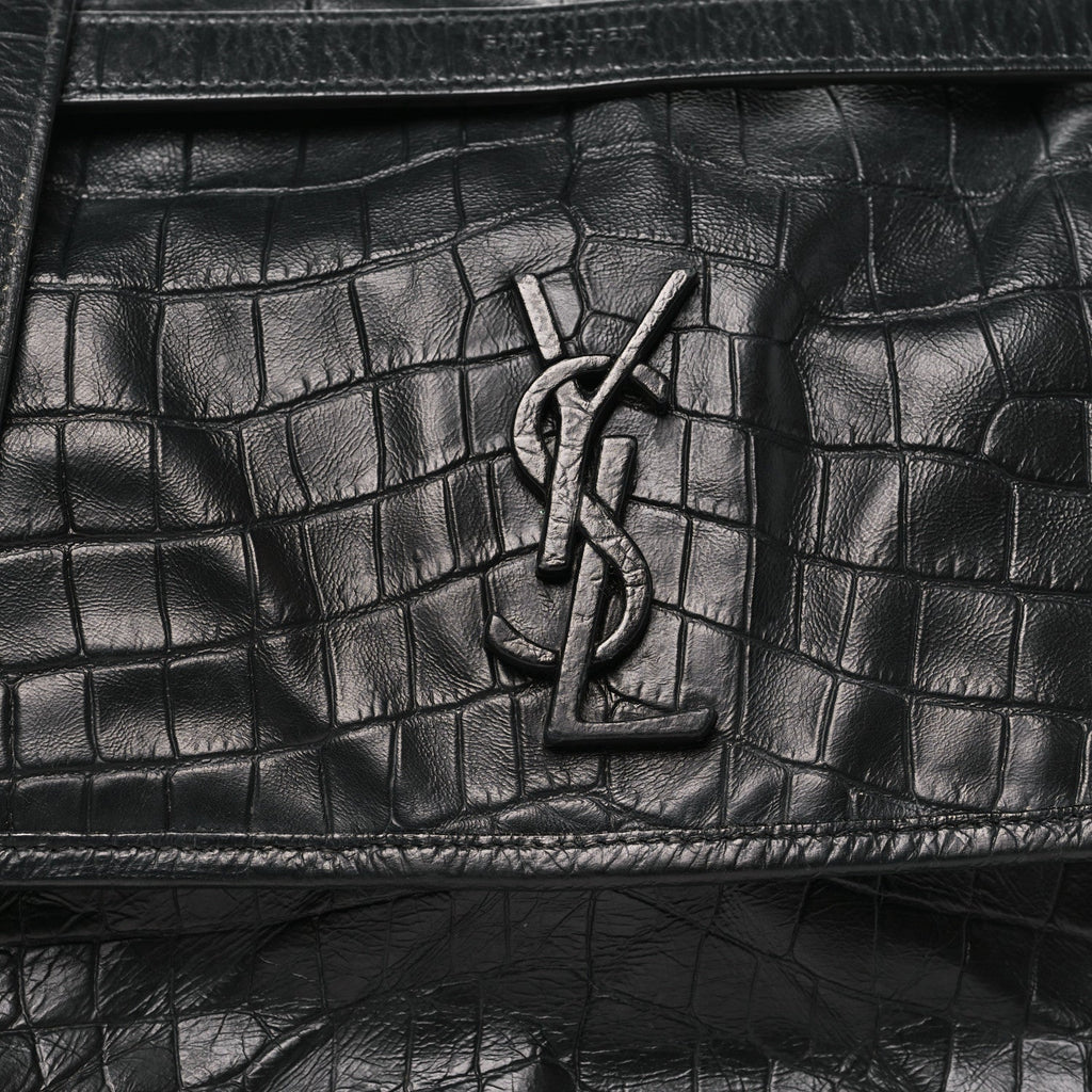 Crocodile Embossed Lambskin Monogram Medium Niki Chain Satchel Black