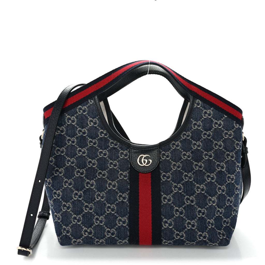 Denim GG Monogram Web Small Giglio Tote Blue White