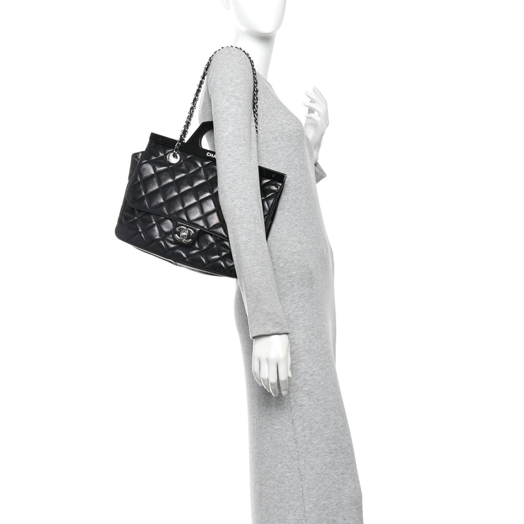 Glazed Calfskin Quilted Small CC Delivery Tote Black