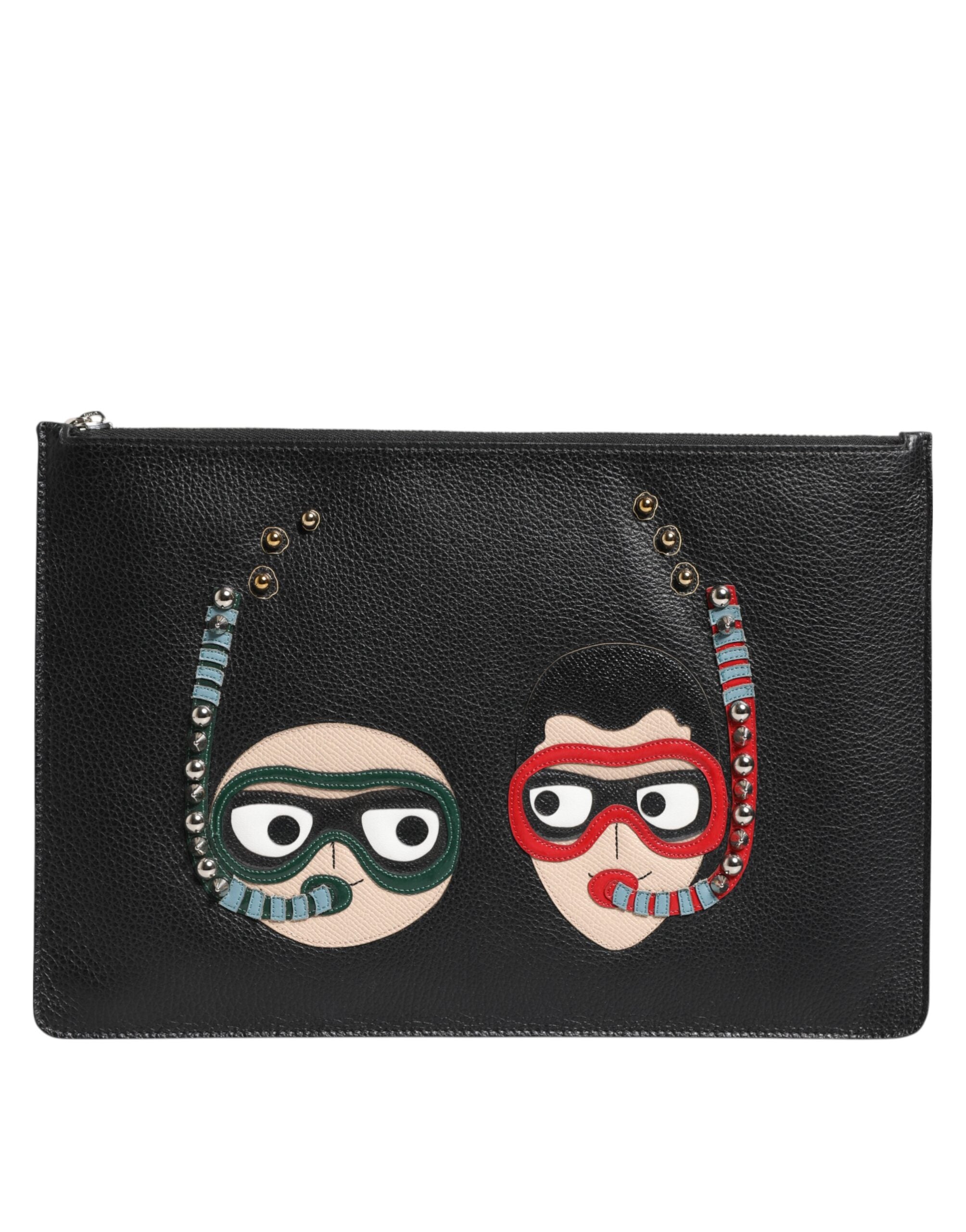 Dolce & Gabbana Black Leather #DGFAMILY Embellished Men Clutch Pouch Men's Bag